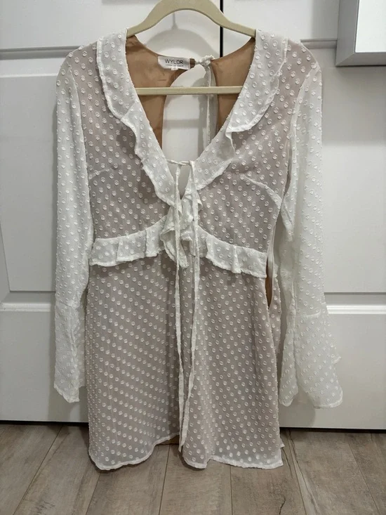 WYLDR White Dot Ruffle Tie-Front Mini Backless Dress - Picture 3 of 5